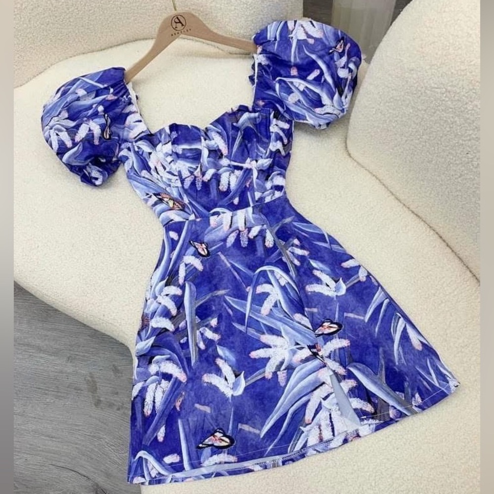 Blue Floral Puff-Sleeve Mini Dress